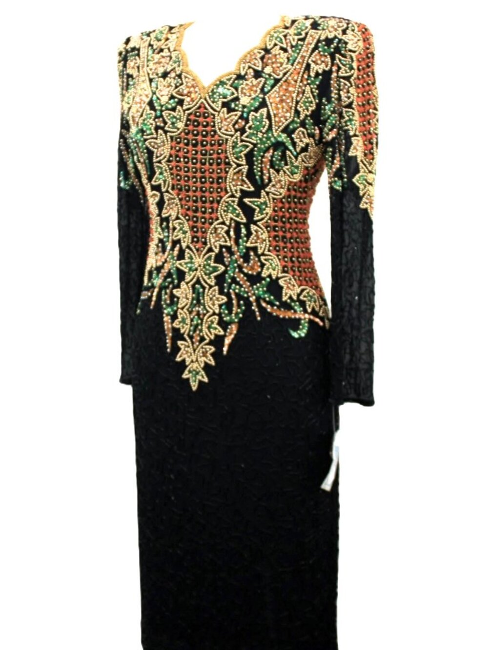 JASDEE Vintage Long Sleeve Dress Hand Work Bead & Sequins On Silk Style 6010